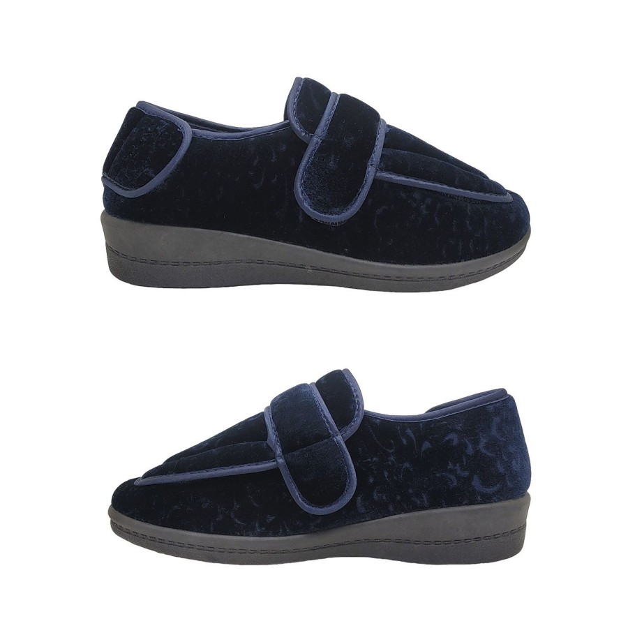 Women Grosby | Grosby Olive Ladies Slippers Multi Adjustable Soft Velour Upper Comfy Navy