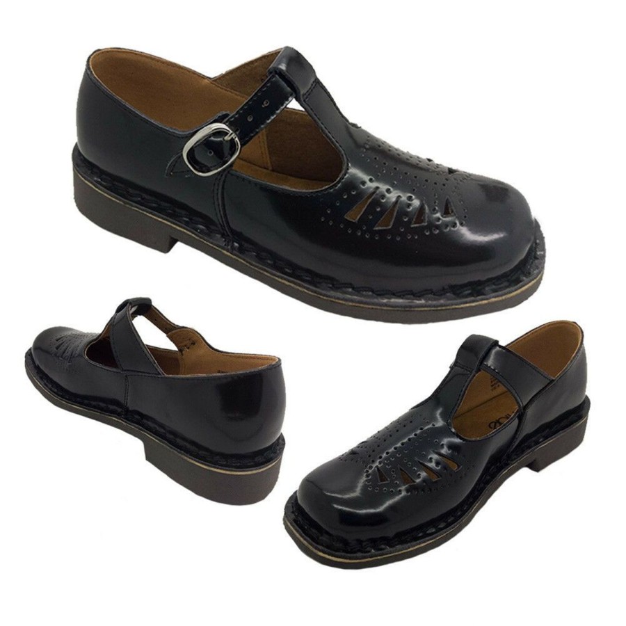 Women Wilde | Ladies School Shoes Wilde Jenny Leather T Bar Black/Brown Sizes 5-12 New