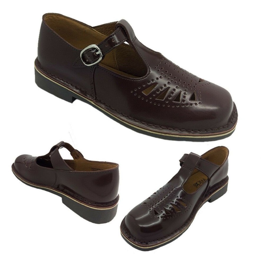 Women Wilde | Ladies School Shoes Wilde Jenny Leather T Bar Black/Brown Sizes 5-12 New