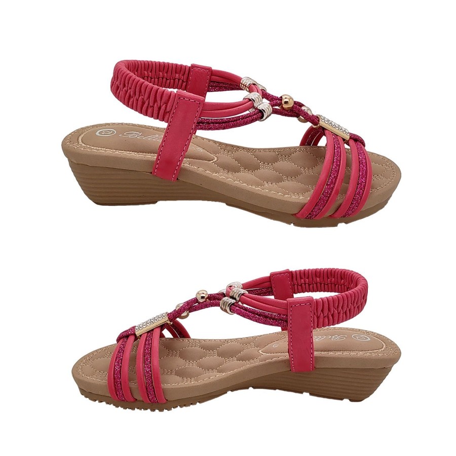 Kids Bellissimo Sandals | Bellissimo Kaia Girls Sandals Slingback Wedge Sole Dressy Glitter Shiny Trim Fuchsia