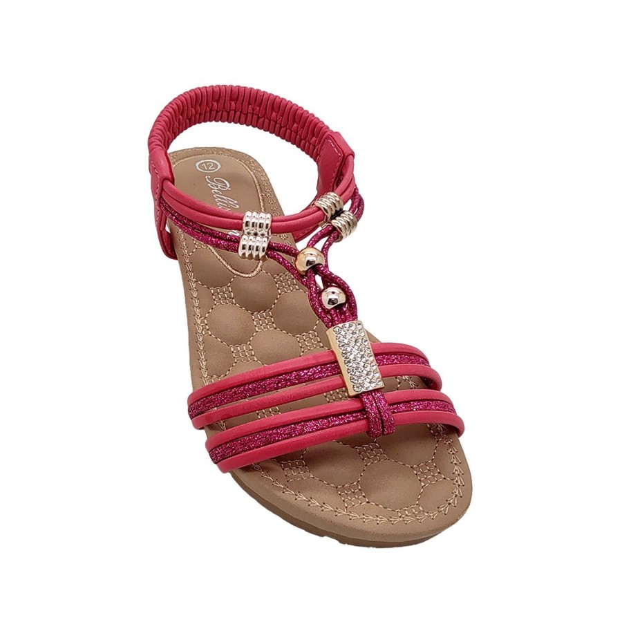 Kids Bellissimo Sandals | Bellissimo Kaia Girls Sandals Slingback Wedge Sole Dressy Glitter Shiny Trim Fuchsia