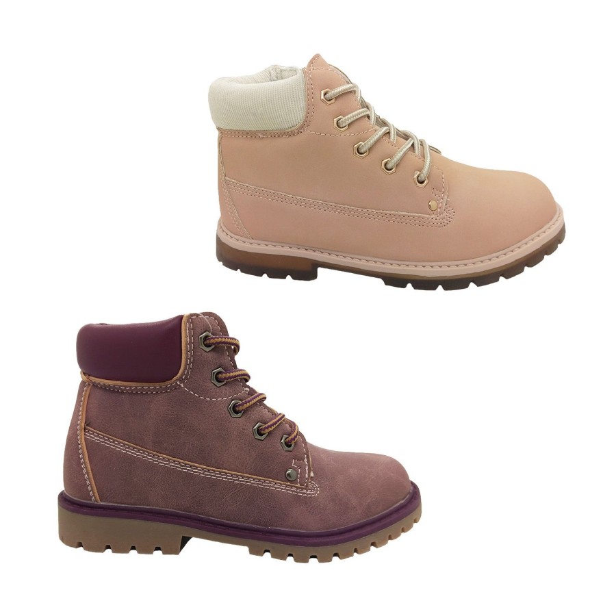 Kids Grosby Boots | Grosby Billyg Girls Youth Boots Lace Up Distressed Finish Zip Side Chunky