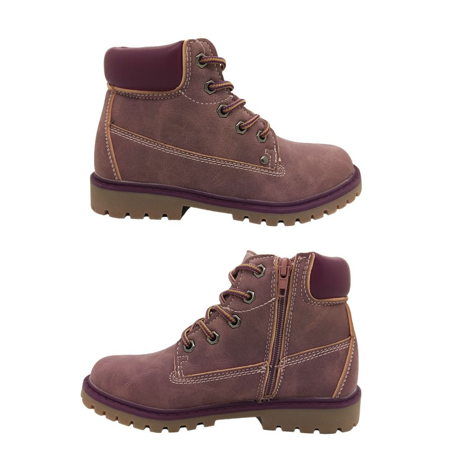 Kids Grosby Boots | Grosby Billyg Girls Youth Boots Lace Up Distressed Finish Zip Side Chunky