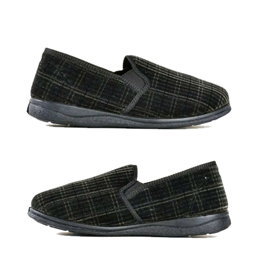 Men Comfit by Bata | Mens Slippers Comfit Champion Tartan Velour Upper Slip On Black Size 6-12 Black Multi