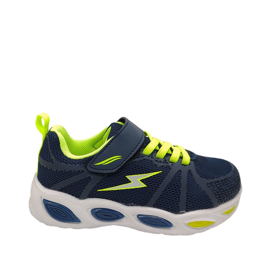 Kids Bolt Runners | Bolt Origin Boys Shoes Casual Trainer Led Light Up Sole Runner Hook And Loop Navy