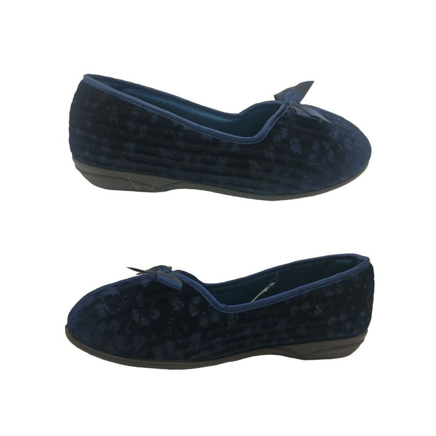 Women Grosby | Ladies Slippers Grosby Grace5 Slip On Textured Floral Velour Sizes 5-10 New Navy