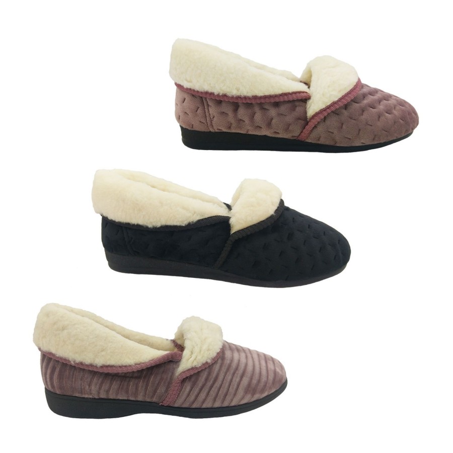 Women Grosby | Ladies Slippers Grosby Mare4 Fluffy Lined Fold Down Velour Upper Slipper