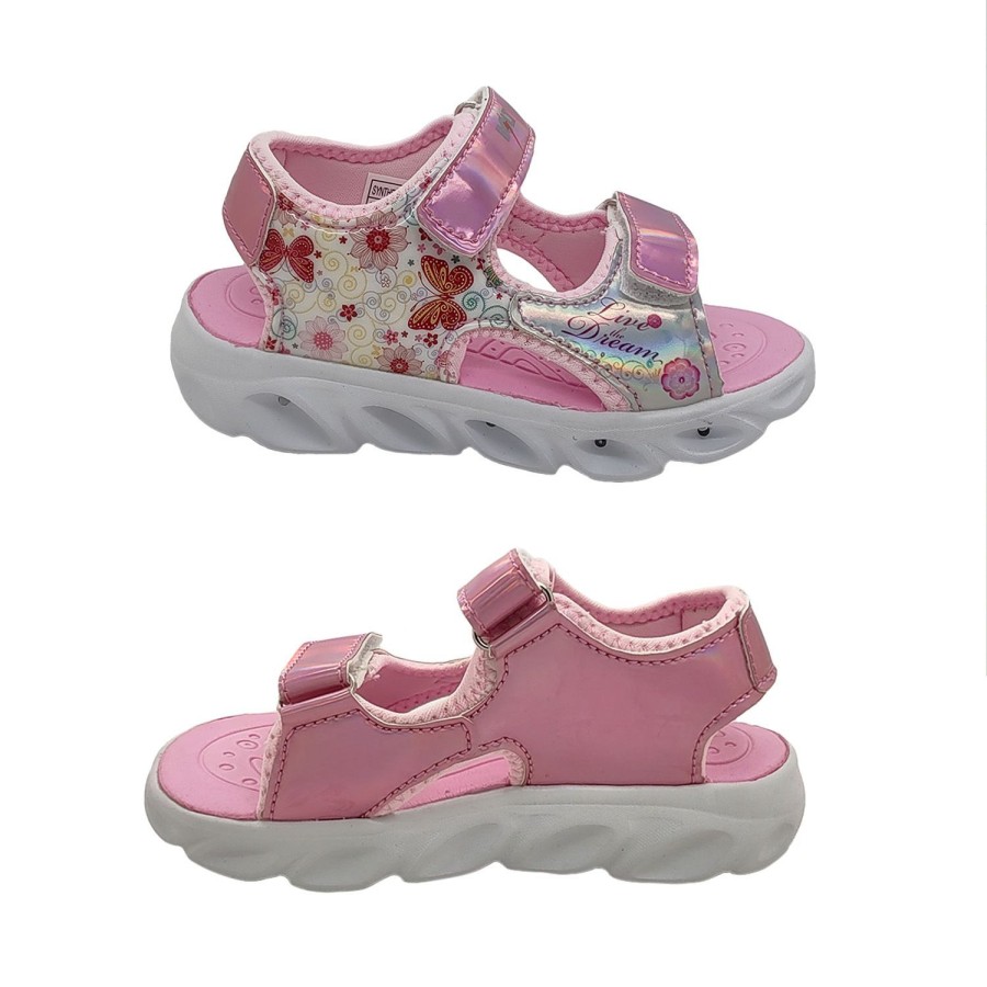 Kids Bolt Sandals | Bolt Mika Little Girls Surf Sandal Double Adjustment Flexible Light Up Sole Pink Metallic