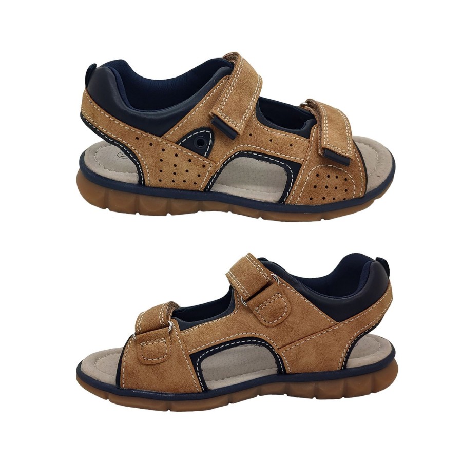 Kids Grosby Sandals | Grosby Denver Boys/Youth Sandals Surf Style Hook And Loop Adjust Flex Sole Tan