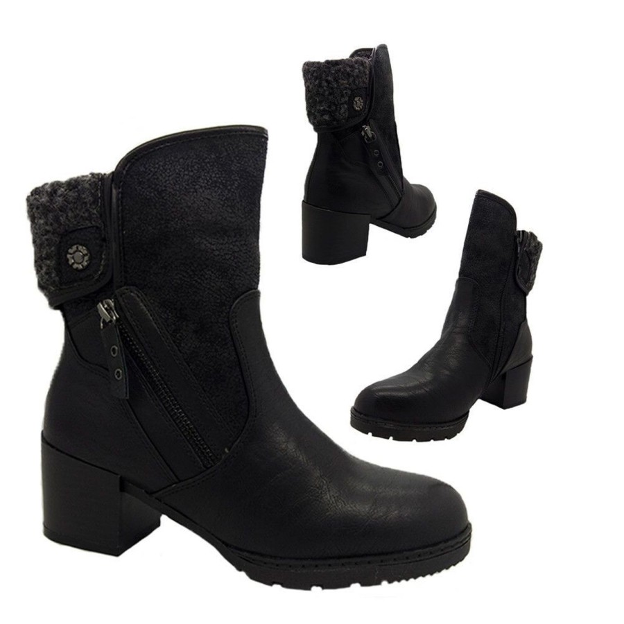 Women No Shoes | Ladies Boots No Shoes Lamb Fluffy Trim Heel Ankle Boot Zip Side Black