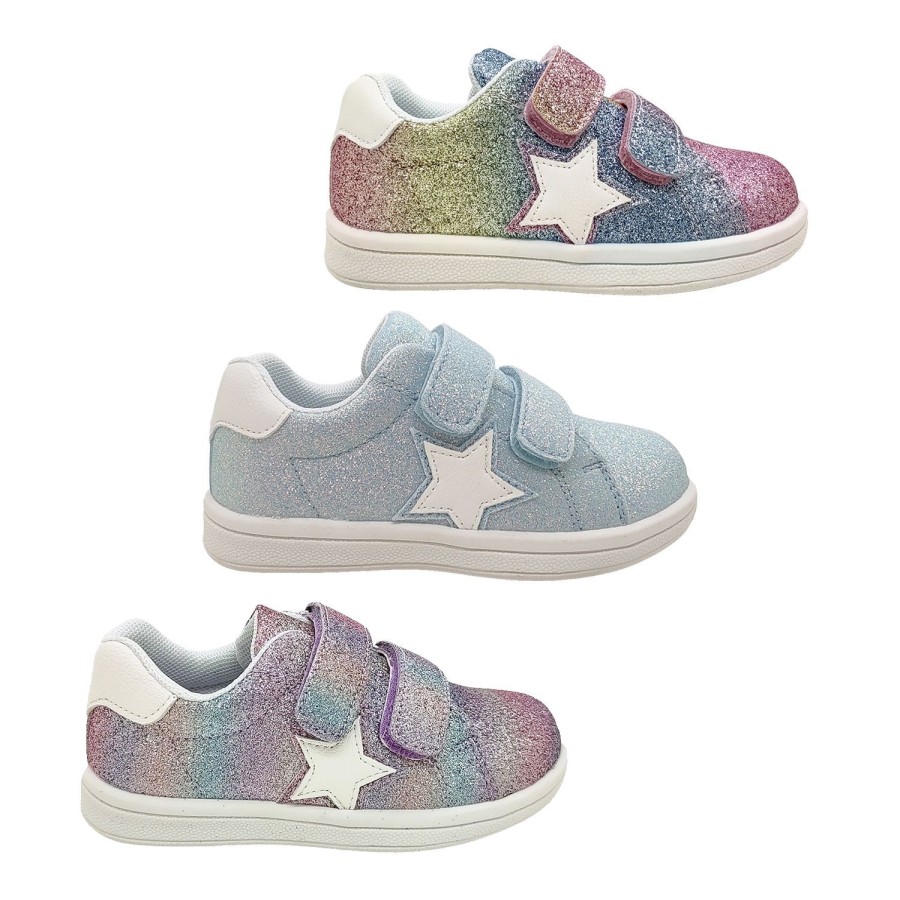 Kids Grosby Casual | Grosby Spark Girls Shoes Casual Trainer Glitter Dual Hook And Loop Flat Sole