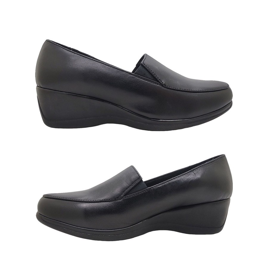 Women Lorella | Lorella Rea Ladies Shoes Casual Leather Slip On Comfort Wedge Sole Soft Insole Black