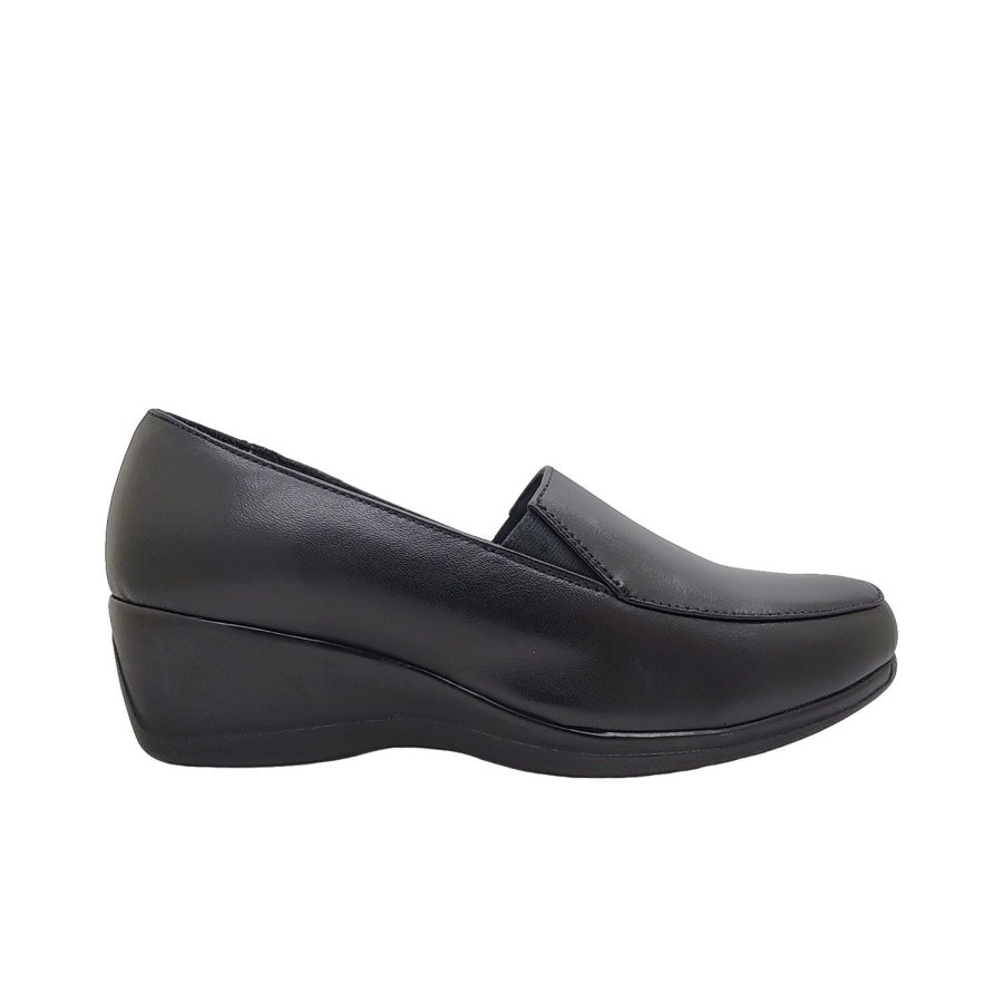 Women Lorella | Lorella Rea Ladies Shoes Casual Leather Slip On Comfort Wedge Sole Soft Insole Black