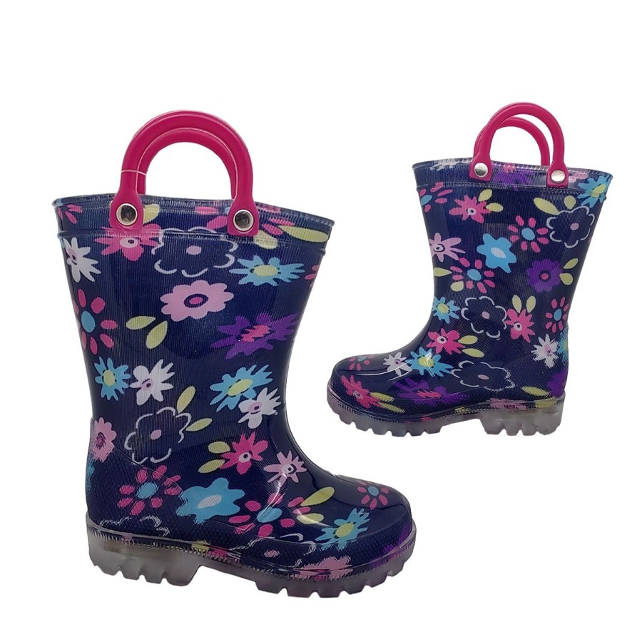 Kids Jellies Outdoor | Jellies Daisy Lights Girls Gumboots Light Up Sole Pull On Loops Flower Print Navy