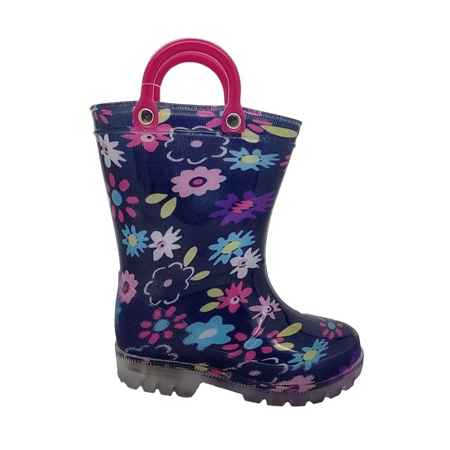 Kids Jellies Outdoor | Jellies Daisy Lights Girls Gumboots Light Up Sole Pull On Loops Flower Print Navy