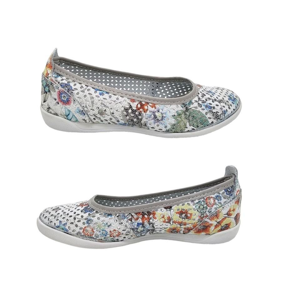 Women Lorella | Lorella Willow Ladies Shoes Casual Leather Ballet Flat Punch Out Soft Upper Floral