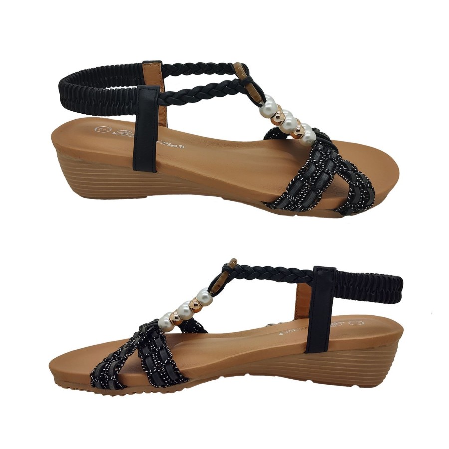 Women Bellissimo | Bellissimo Calla Ladies Sandals Strappy Summer Slingback Wedge Sole Bead Trim Black