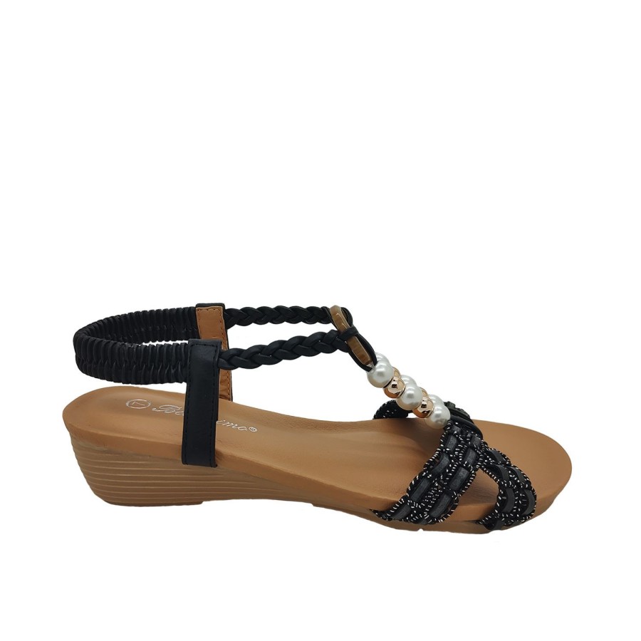 Women Bellissimo | Bellissimo Calla Ladies Sandals Strappy Summer Slingback Wedge Sole Bead Trim Black