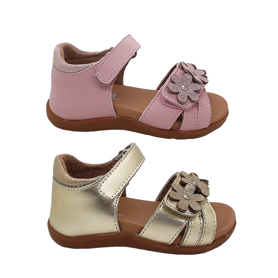 Kids Grosby Sandals | Grosby Azalea Little Girls Toddler Sandals Leather Adjustable Heel In Flower Detail Comfort Insole