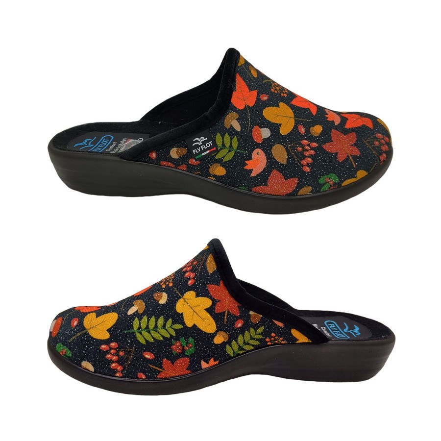 Women Fly Flot | Fly Flot Autumn Ladies Slippers Scuff Style Slip On Glittery Print Wedge Sole Black Print