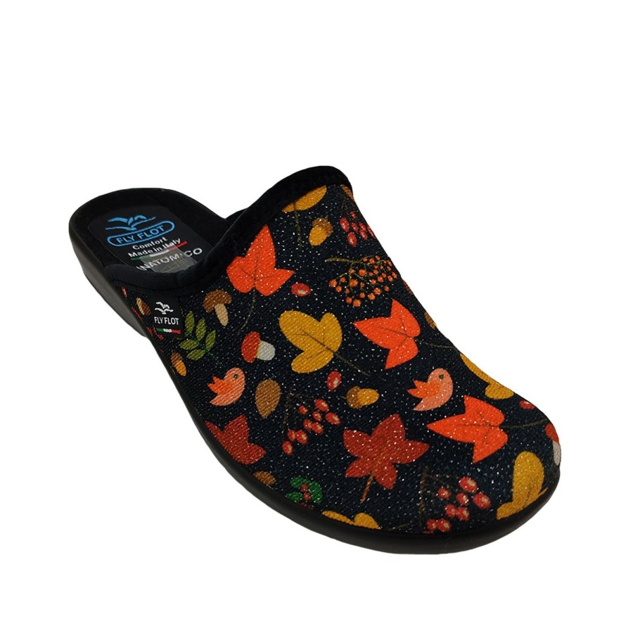 Women Fly Flot | Fly Flot Autumn Ladies Slippers Scuff Style Slip On Glittery Print Wedge Sole Black Print