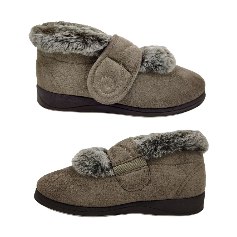 Women Panda | Panda Emee Ladies Slippers Boot Cosy Furry Trim Lining Single Wide Strap Taupe