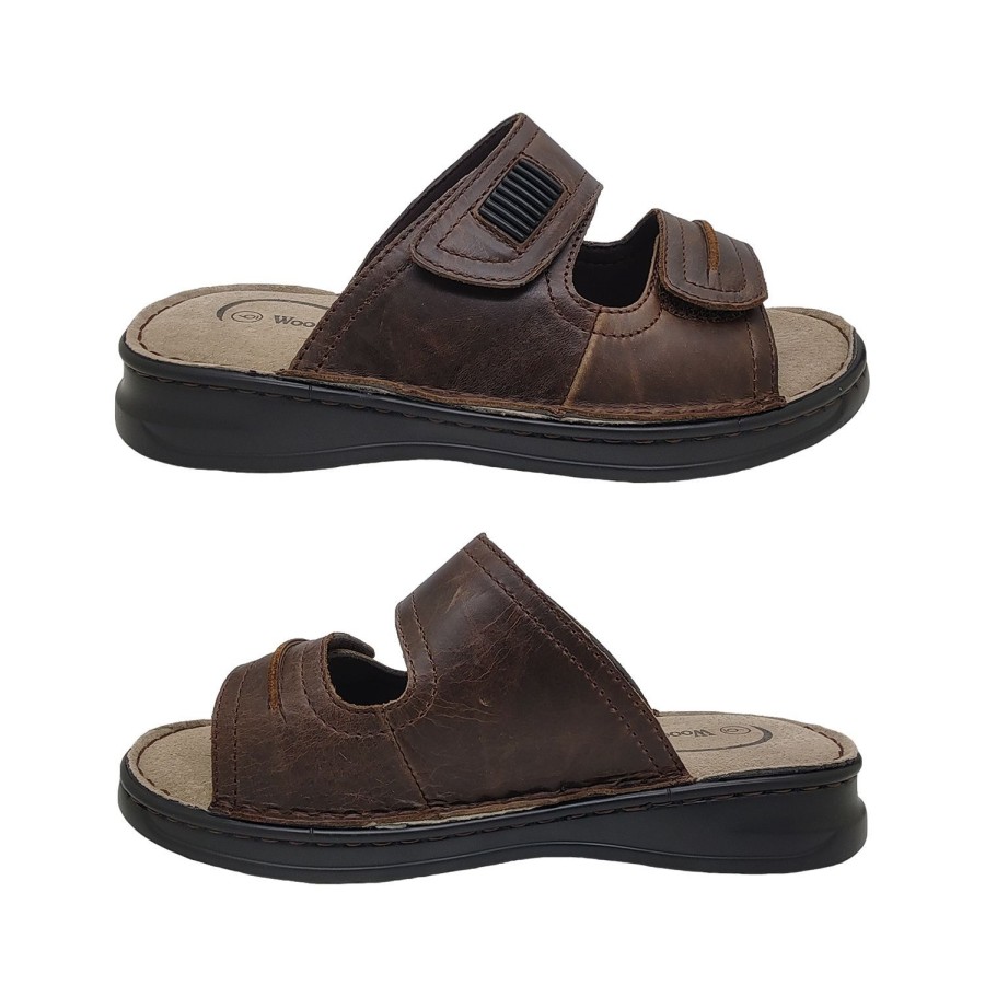 Men Woodlands | Woodlands Gerard Mens Sandals Leather Slip On Slide Cushioned Lightweight Adjustable Brown