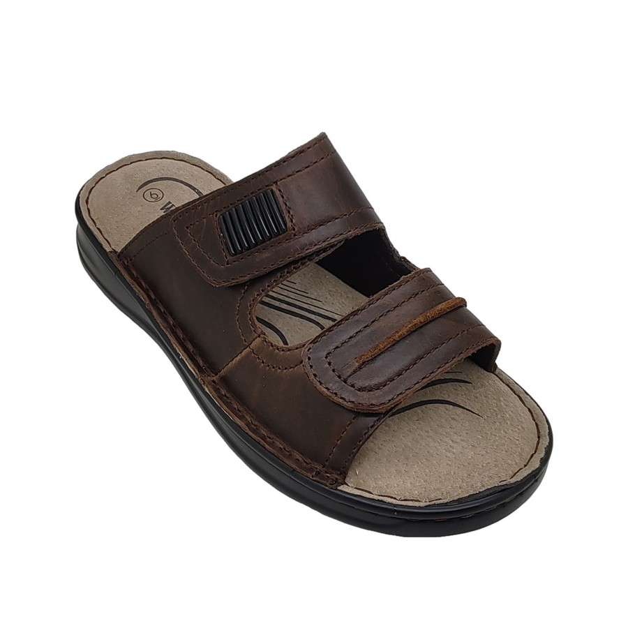 Men Woodlands | Woodlands Gerard Mens Sandals Leather Slip On Slide Cushioned Lightweight Adjustable Brown