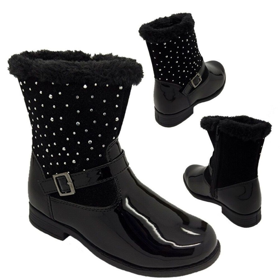 Kids Anna Boots | Girls Boots Anna Krystal Patent Boots Faux Fur Trim Diamonte Zipup Sizes 7-2 New Black