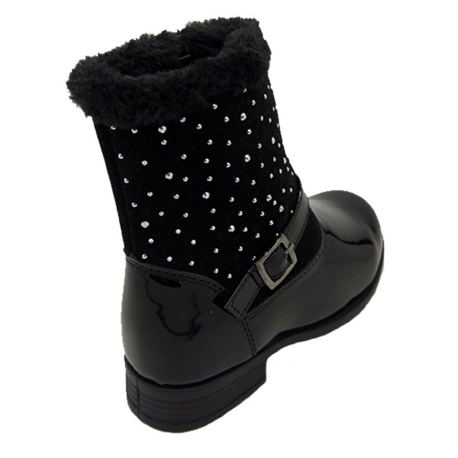 Kids Anna Boots | Girls Boots Anna Krystal Patent Boots Faux Fur Trim Diamonte Zipup Sizes 7-2 New Black