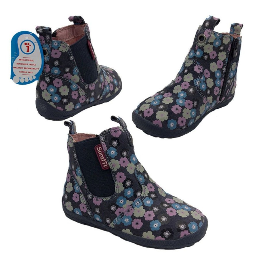 Kids Surefit Boots | Little Girls Surefit Mani Leather Boots Zip Elastic Side Cute Flower Pattern Navy Floral