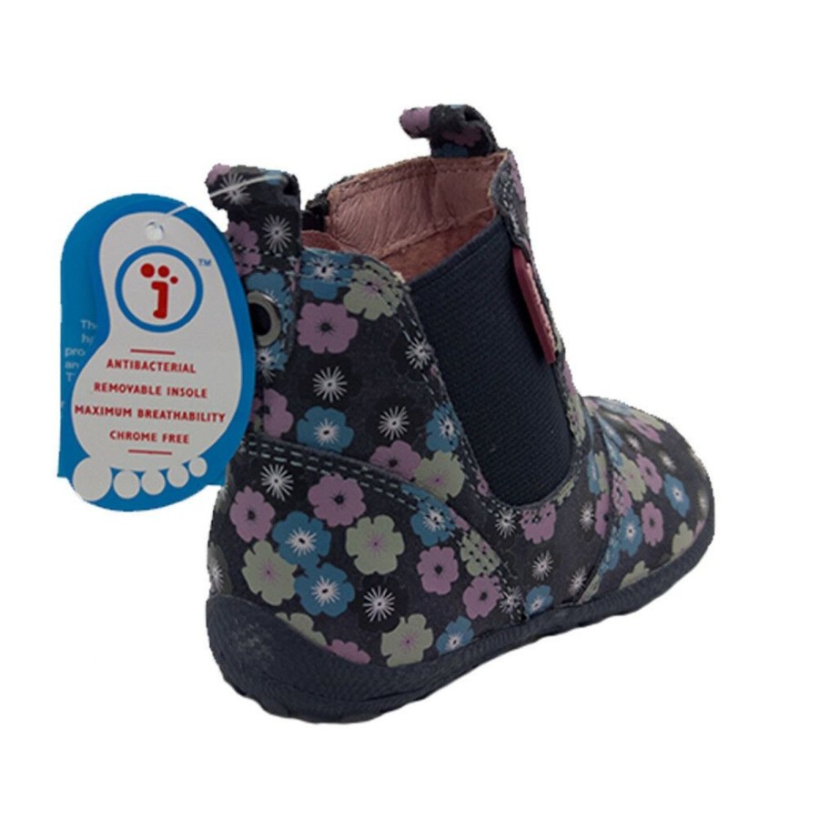 Kids Surefit Boots | Little Girls Surefit Mani Leather Boots Zip Elastic Side Cute Flower Pattern Navy Floral