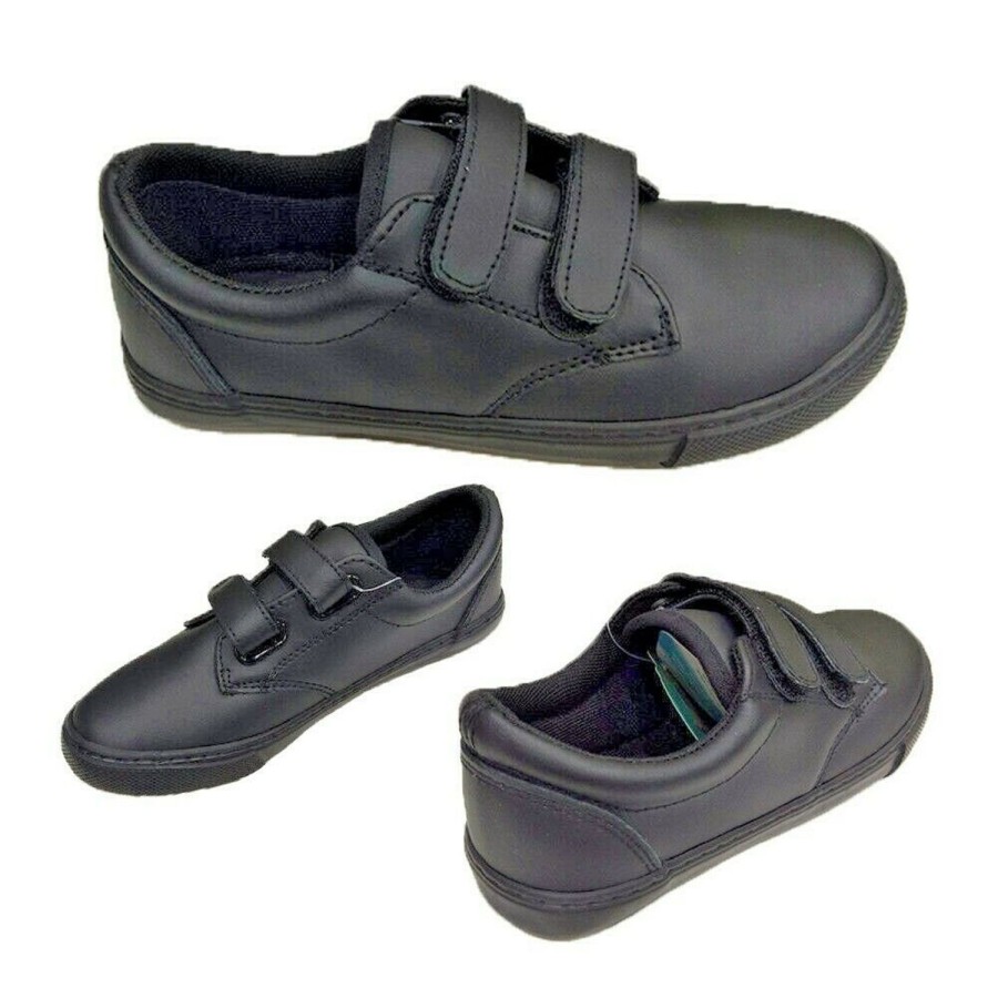 Kids Grosby Casual | Boys Shoes Grosby Sully Leather Hook And Loop School Shoes Flats Black