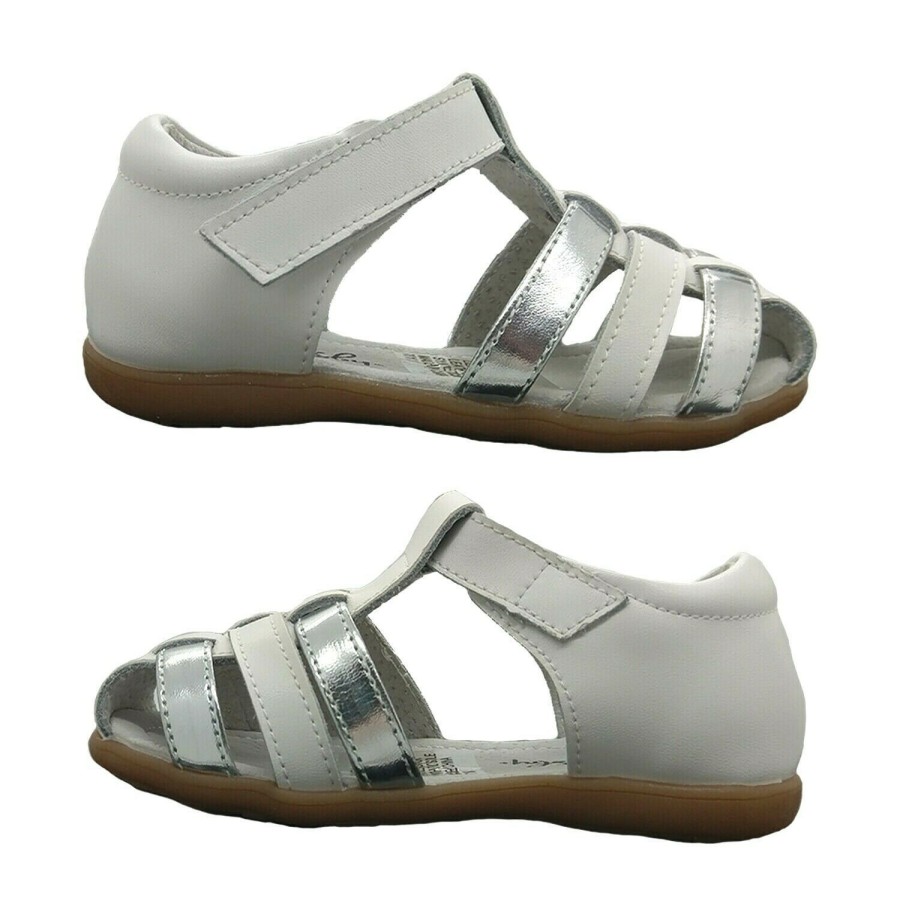 Kids Grosby Sandals | Girls Shoes Grosby Arabell Leather Sandals Back-In Covered Toe White/Silver