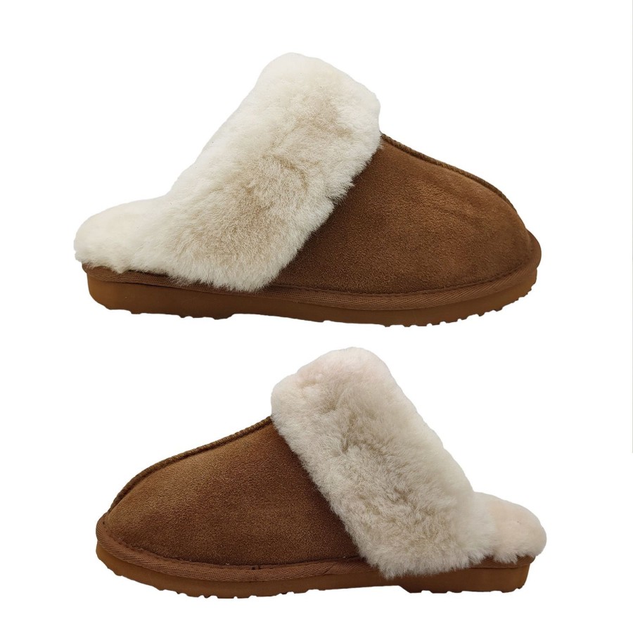 Women Buster | Buster Lambswool Scuffs Ladies Suede Upper Wool Lined Aussie Made Chestnut