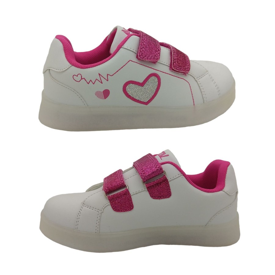 Kids Activ Casual | Activ Miley Girls Casual Sneaker Light Up Sole Hook And Loop Light Comfy White/Pink