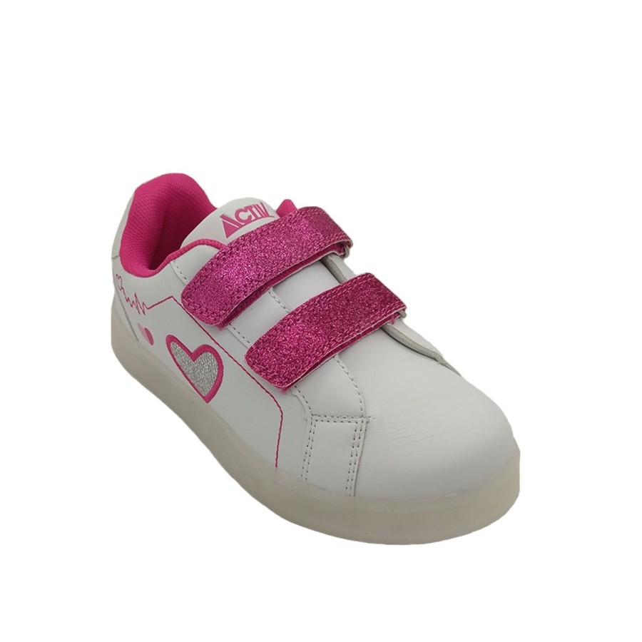 Kids Activ Casual | Activ Miley Girls Casual Sneaker Light Up Sole Hook And Loop Light Comfy White/Pink