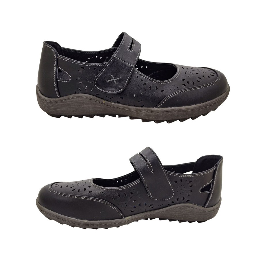 Women Lorella | Lorella Casey Ladies Shoes Comfy Work Casual Mary Jane Style Adjustable Tab Black