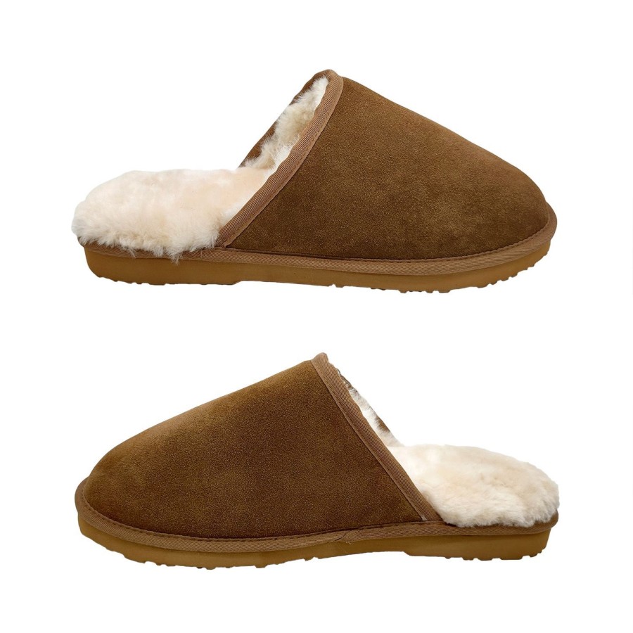 Men Buster | Mens Slippers Buster Lambswool Scuffs Aussie Made Suede Upper Wool Lined Chestnut