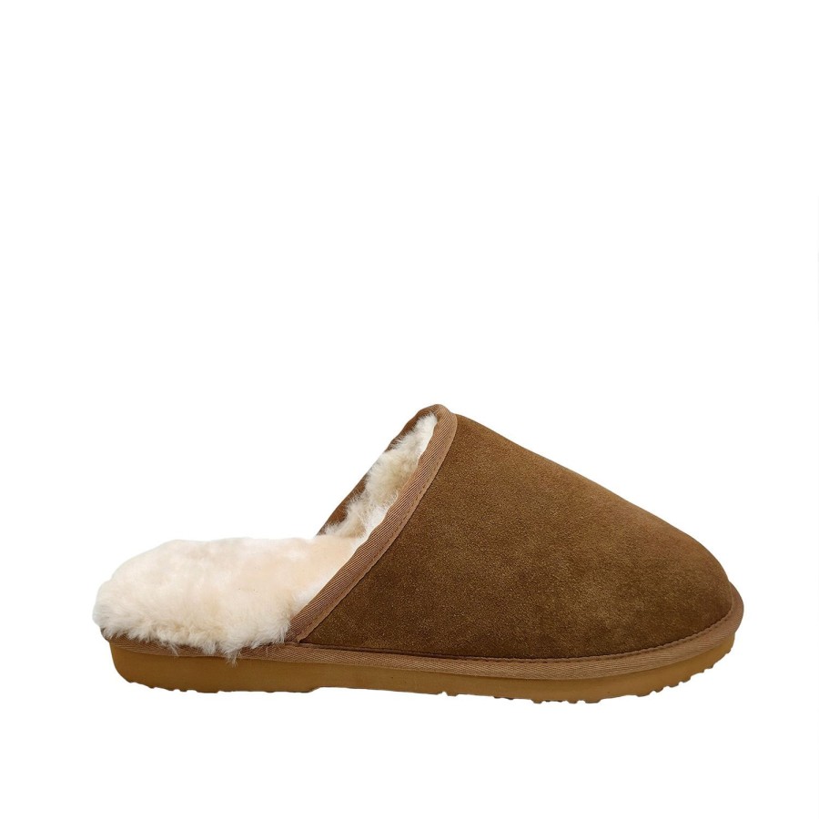 Men Buster | Mens Slippers Buster Lambswool Scuffs Aussie Made Suede Upper Wool Lined Chestnut