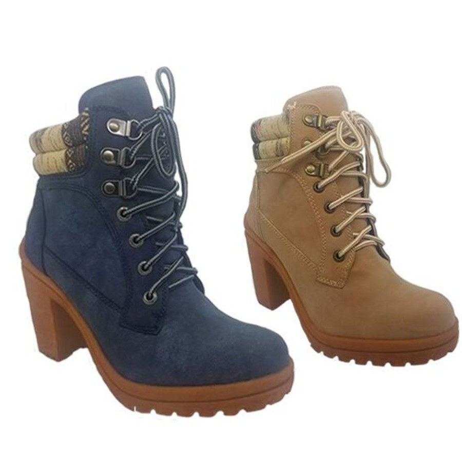 Women No Shoes | Ladies No Shoes Anita Blue Or Beige Boho Heels Chunky Lace Up Shoes/Boots 6-10