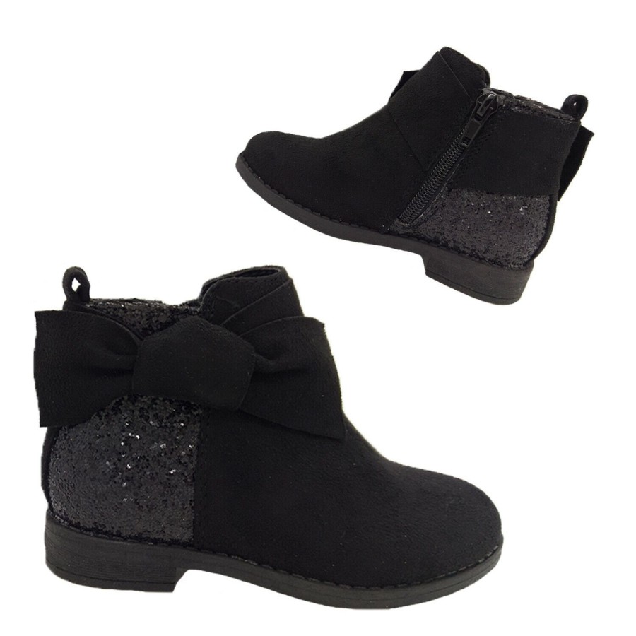 Kids Miss Sachi Boots | Girls Boots Miss Sachi Melody Glitter Ankle Boots Zip Side Elastic Suede Look Black