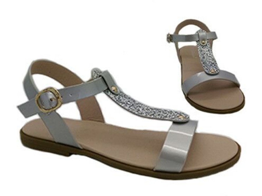 Kids Bellissimo Sandals | Bellissimo Hope Girls Sandals Sparkle Front Sandal Buckle Flat Sole Silver