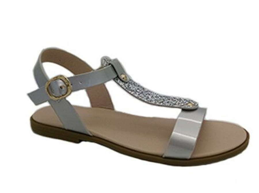 Kids Bellissimo Sandals | Bellissimo Hope Girls Sandals Sparkle Front Sandal Buckle Flat Sole Silver