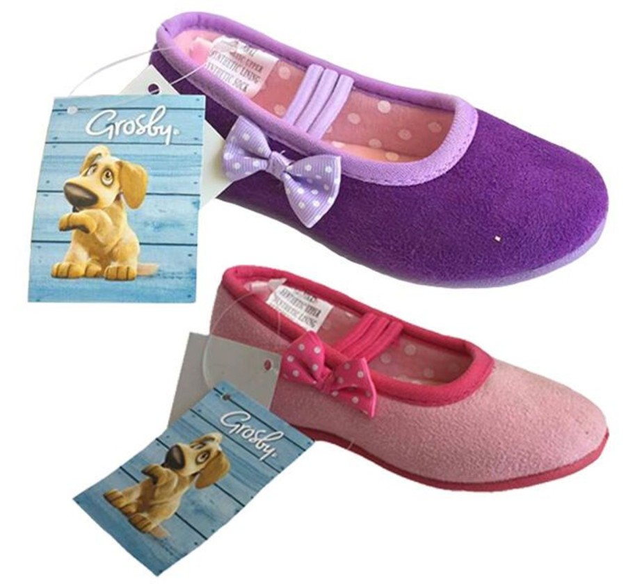 Kids Grosby Slippers | Girls Slippers Grosby Nikki Or Ballet Style Slipper With Bow 4-12