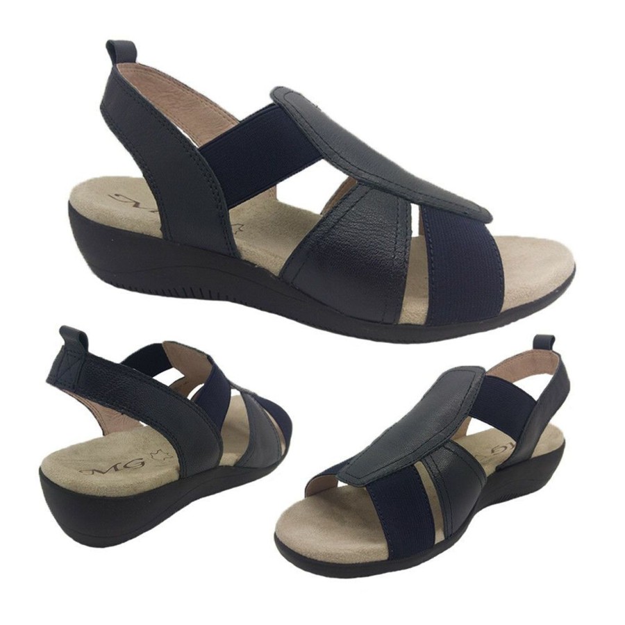 Women MG | Ladies Shoes Mg Jindi Sandal Leather Slingback Elastic Soft Wedge Sole 5-10 Navy