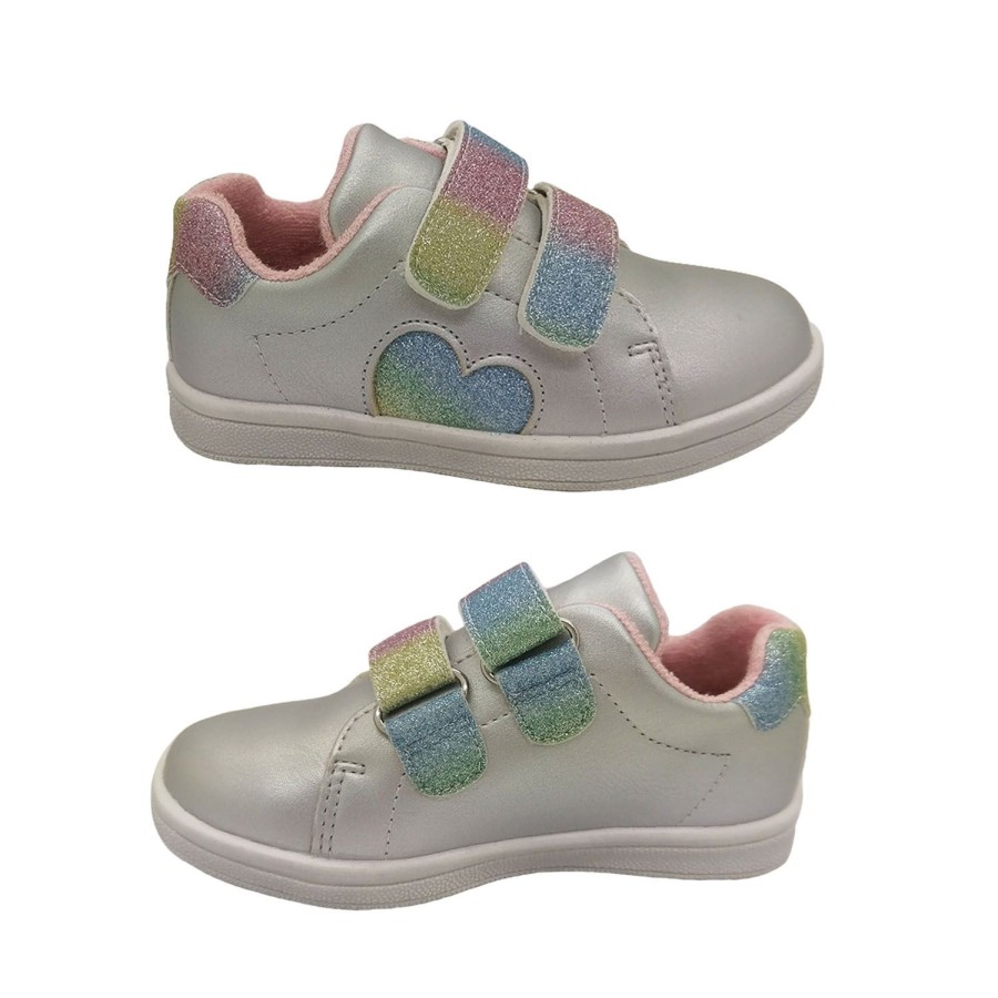 Kids Grosby Casual | Grosby Sprinkle Girls Shoes Casual Sneaker Hook And Loop Glitter Straps Silver