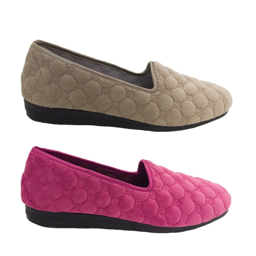 Women Grosby | Ladies Slippers Grosby Dusk Slip On Slipper Quilted Soft Velour Flex Sole