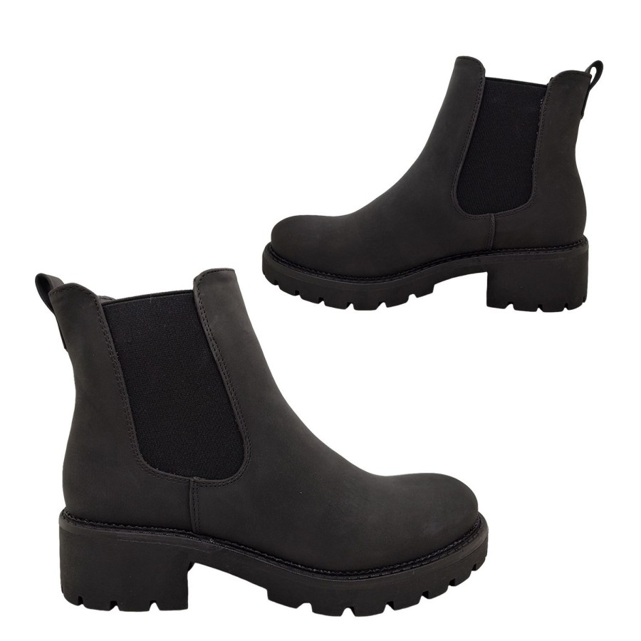 Women Bellissimo | Bellissimo Hart Ladies Ankle Boots Elastic Sides Pull On Short Boot Chunky Sole Black