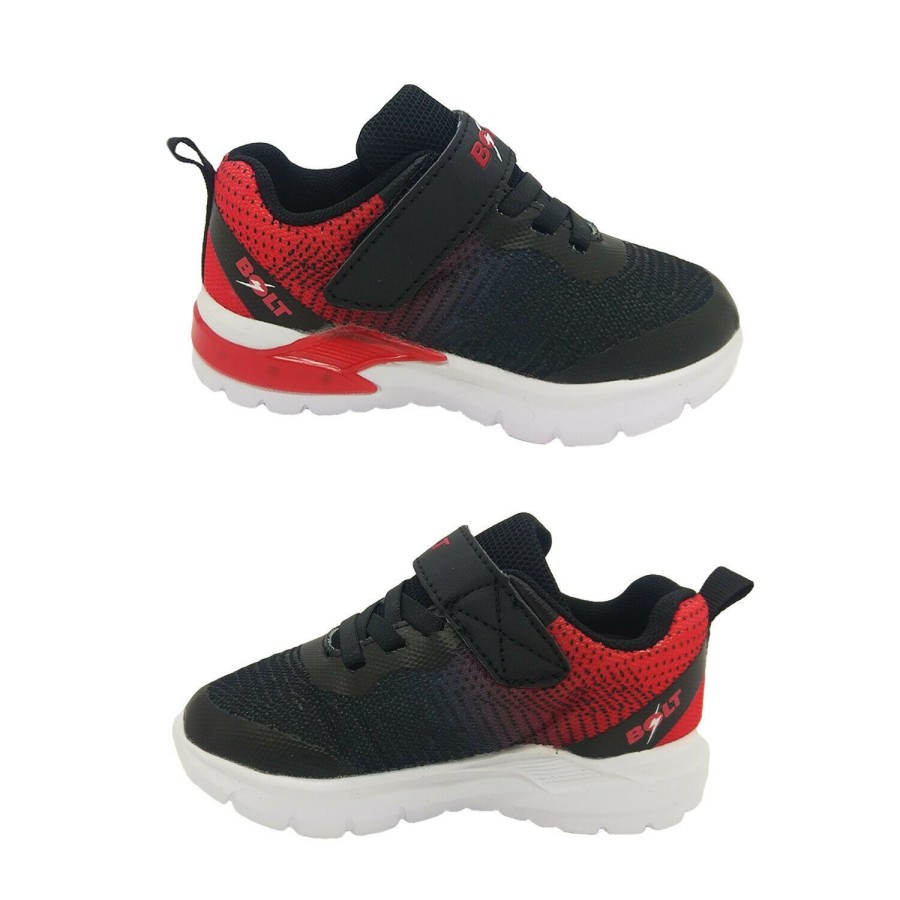 Kids Bolt Runners | Boys Shoes Bolt Pax2 Led Light Up Runner Black Red Hook And Loop Size Uk 6-2 New Black/Red